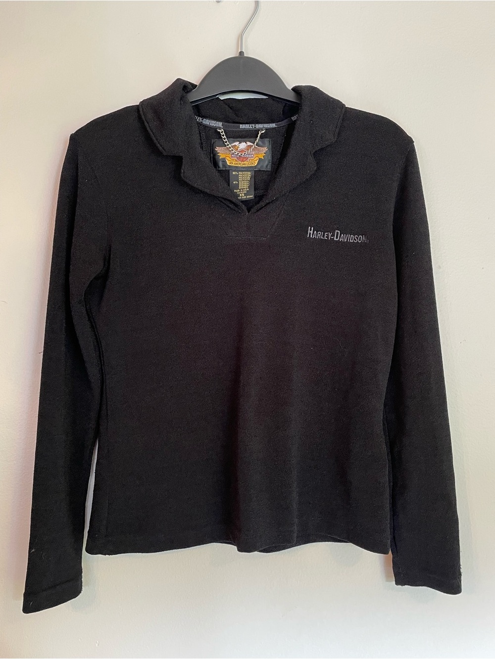 Harley Davidson Womens Long Sleeve Top Black V-Neck Polo XS Made in USA